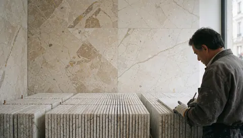 Un homme installe des carreaux de marbre beige dans un showroom moderne aux murs revêtus, baigné de lumière naturelle.