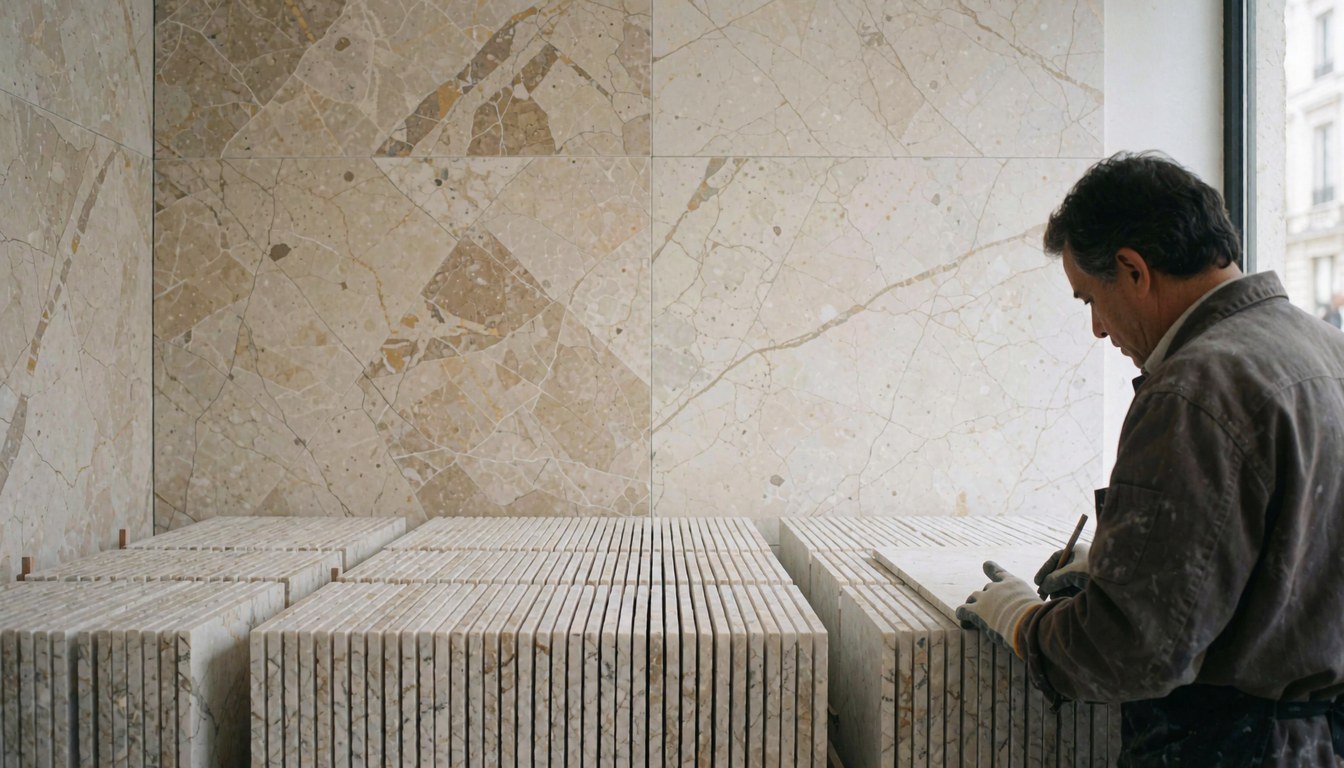 Un homme installe des carreaux de marbre beige dans un showroom moderne aux murs revêtus, baigné de lumière naturelle.