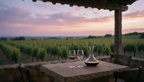 Table en pierre avec deux verres et un décanteur à vin face à un vignoble au coucher du soleil, idéal pour un hébergement rural.