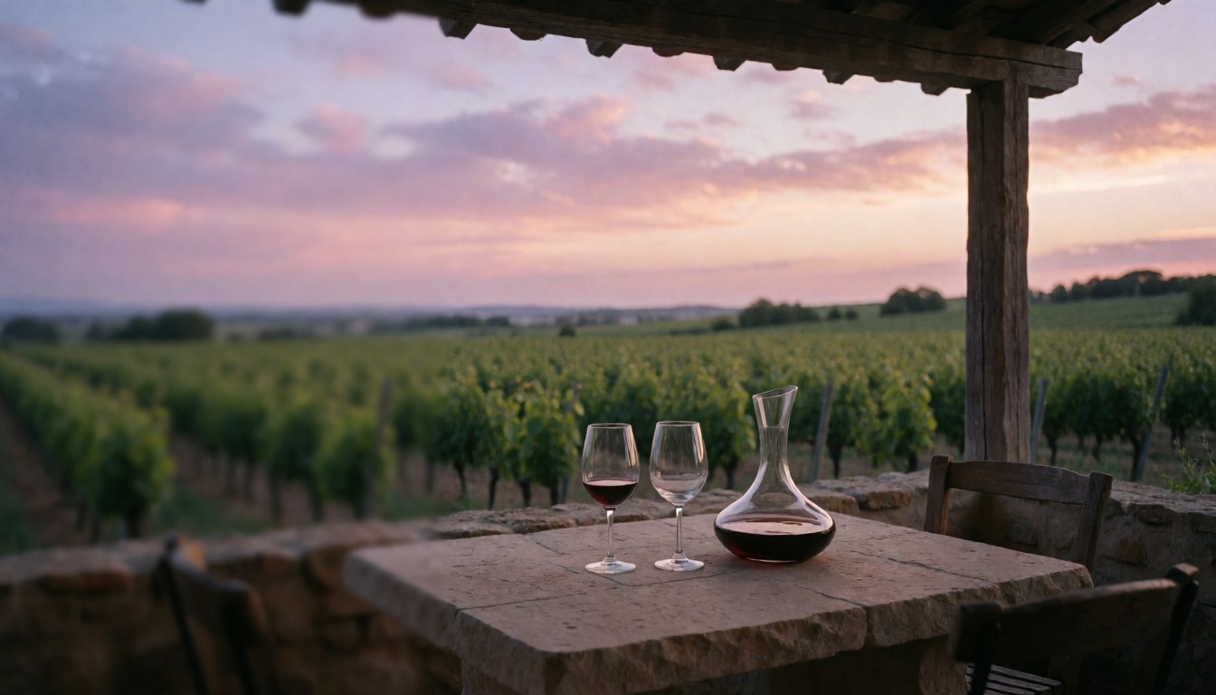 Table en pierre avec deux verres et un décanteur à vin face à un vignoble au coucher du soleil, idéal pour un hébergement rural.