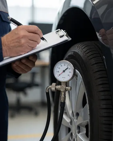 Une main tenant un stylo sur un presse-papiers à côté d'un manomètre de pneu dans un atelier de réparation automobile.