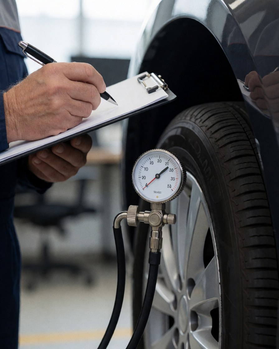 Une main tenant un stylo sur un presse-papiers à côté d'un manomètre de pneu dans un atelier de réparation automobile.