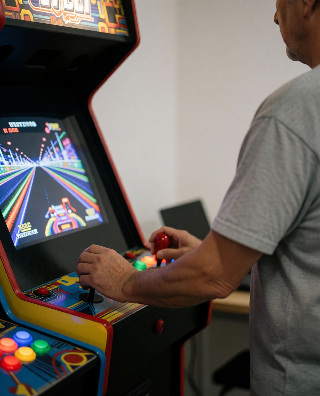Un adulte joue à un jeu de course sur un borne d'arcade avec des boutons colorés et un écran lumineux.