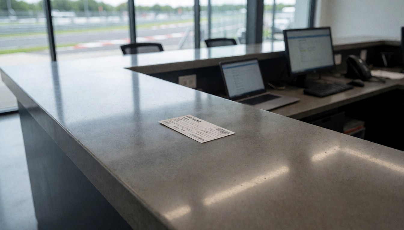 Ticket de circuit posé sur le bureau de réception moderne avec vue sur la piste à travers les grandes fenêtres et des ordinateurs en arrière-plan flou.