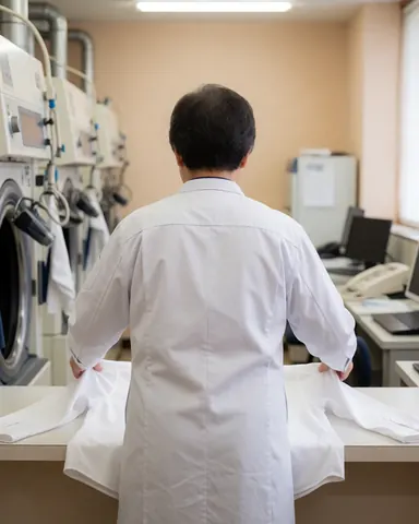Un employé en uniforme blanc plie une chemise blanche sur une table dans une laverie industrielle avec des sécheuses en arrière-plan.