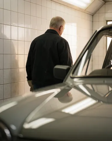 Un client observe son véhicule fraîchement peint dans un atelier aux murs carrelés et à l'éclairage chaleureux.