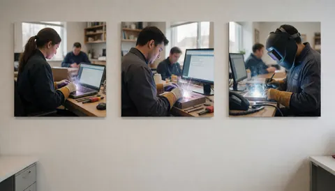 Trois cadres d'art documentaire accrochés sur un mur blanc immaculé dans un espace de travail moderne.