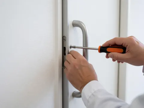 Des mains utilisant un tournevis pour ajuster une poignée métallique sur une porte coulissante, sur un fond blanc, dans le cadre d'une réparation.