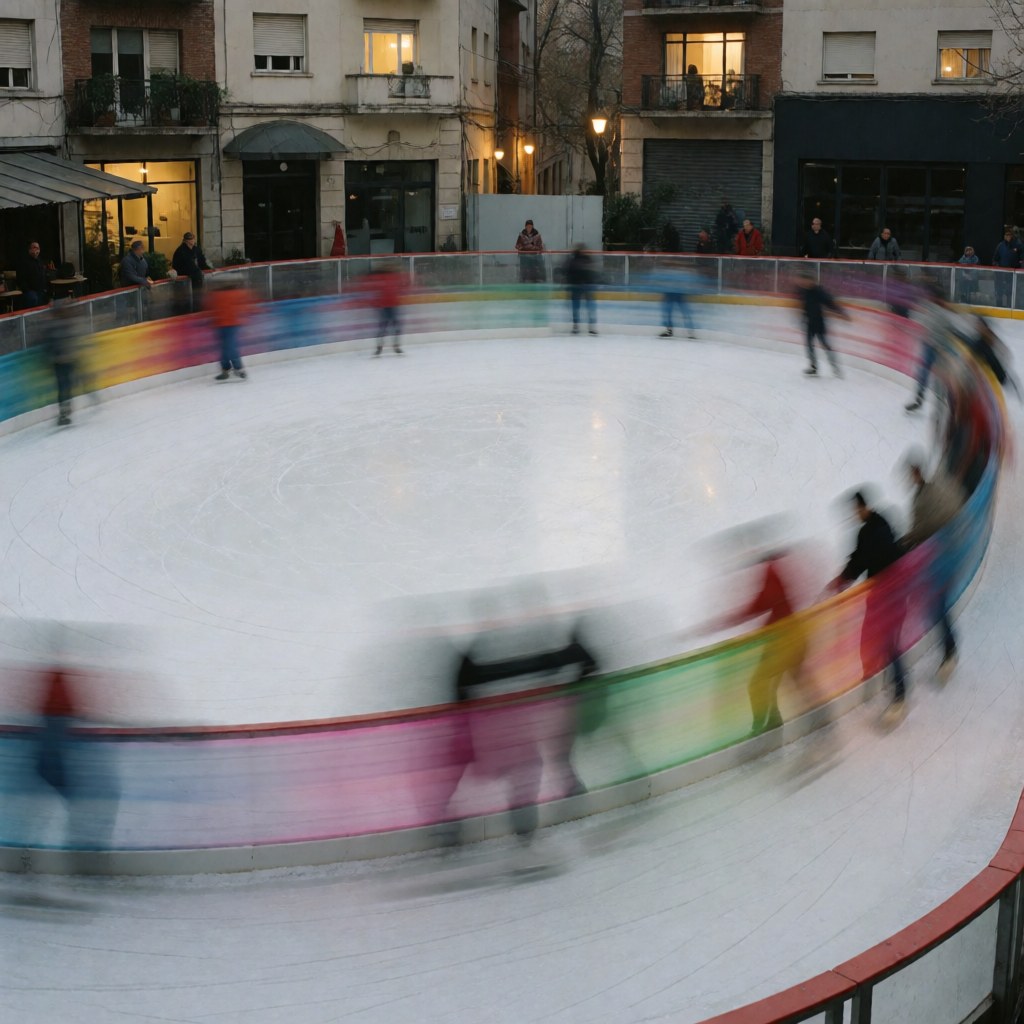 Piste de patinage extérieure avec des patineurs en mouvement, des barrières arc-en-ciel et des bâtiments urbains aux fenêtres éclairées.