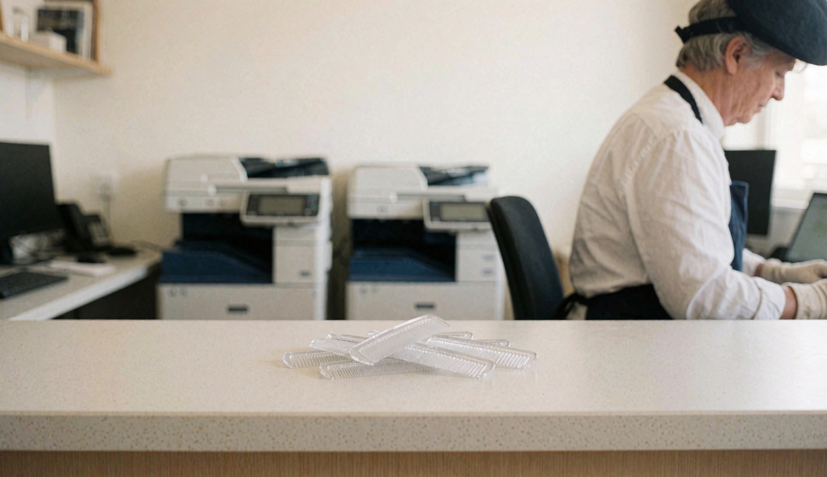 Des classeurs plastiques posés sur un comptoir de bureau avec des photocopieuses en arrière-plan, idéal pour un service de reprographie et de reliure.