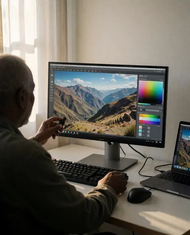 Un photographe professionnel ajuste la couleur d'une image sur un grand moniteur, avec un clavier mécanique sur son bureau.