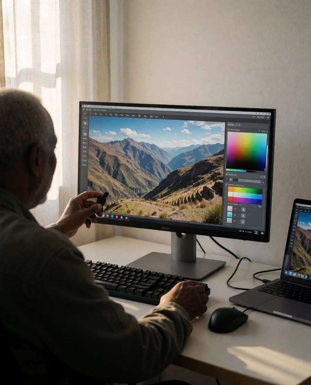 Un photographe professionnel ajuste la couleur d'une image sur un grand moniteur, avec un clavier mécanique sur son bureau.