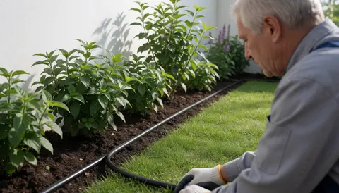 Un jardinier professionnel ajuste un tuyau noir de système d'irrigation dans un jardin avec des plantes vertes et de l'herbe.