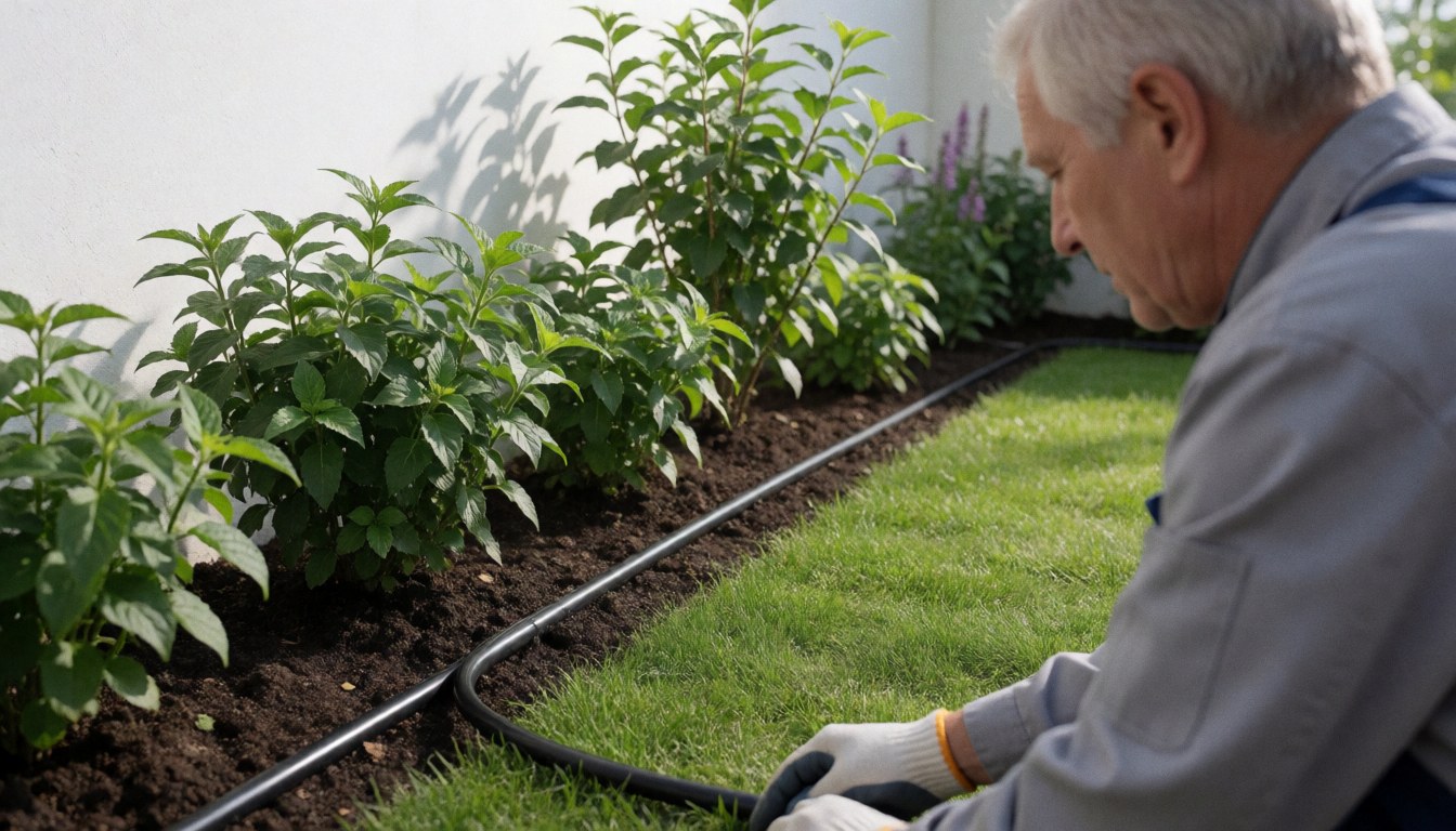 Un jardinier professionnel ajuste un tuyau noir de système d'irrigation dans un jardin avec des plantes vertes et de l'herbe.