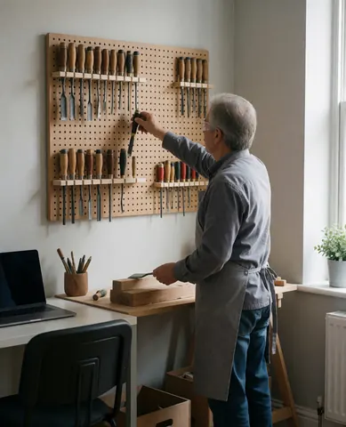 Menuisier âgé choisit un éclat de bois dans un atelier éclairé par la lumière naturelle, avec des murs clairs et des outils disposés.