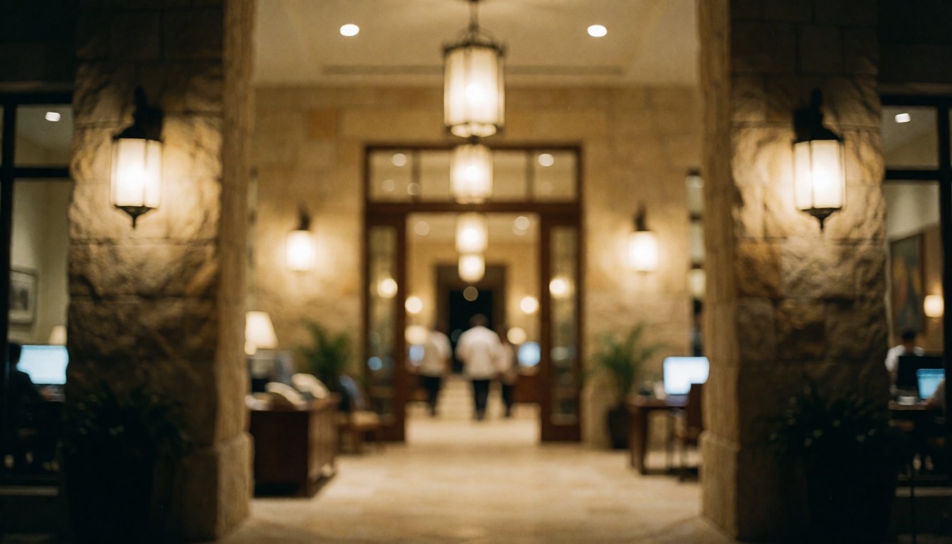 Couloir d'entrée de resort avec colonnes en pierre, lampes suspendues et murs texturés, éclairage chaleureux et atmosphère sereine pour textes.