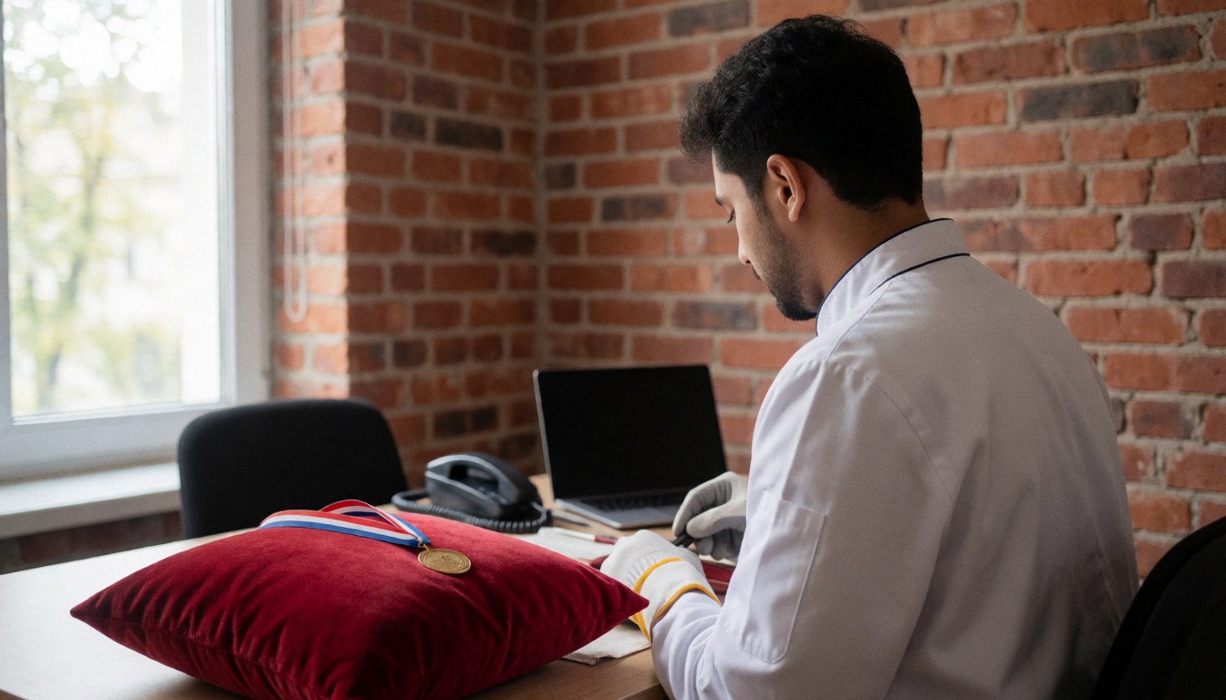 Photographe de cérémonies de remise des diplômes travaillant en studio avec un mur en briques, un coussin rouge et une médaille sur la table.