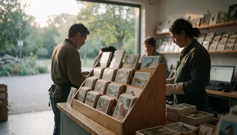 Deux vendeurs trient des cartes postales animalières dans une caisse en bois, éclairés par la lumière naturelle d'une fenêtre, avec des étagères remplies de cartes en arrière-plan.