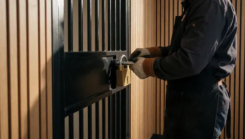 Un professionnel avec des gants en cuir fixe un cadenas en bronze sur une porte métallique, assurant la sécurité des lieux.