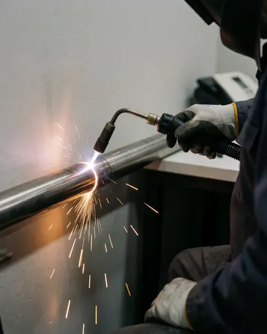 Un soudeur équipé de gants et d'un casque effectue une soudure sur un tube en acier, avec des étincelles projetées dans un environnement industriel.