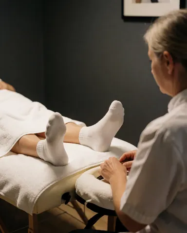 Un professionnel effectue un massage des pieds sur un client, posé sur une table blanche dans une pièce aux murs gris, créant une ambiance relaxante et propre.