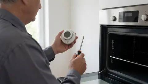 Un technicien en réparation d'appareils installe un thermostat sur un four moderne dans une cuisine baignée de lumière naturelle.