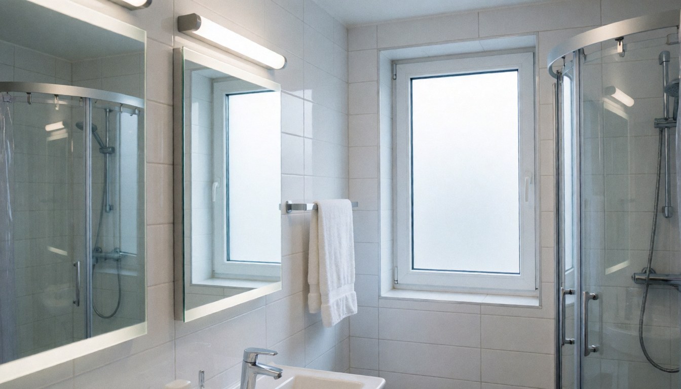 Salle de bain d'auberge moderne équipée de miroirs, d'une douche en verre et de carreaux blancs, idéale pour l'hébergement touristique.