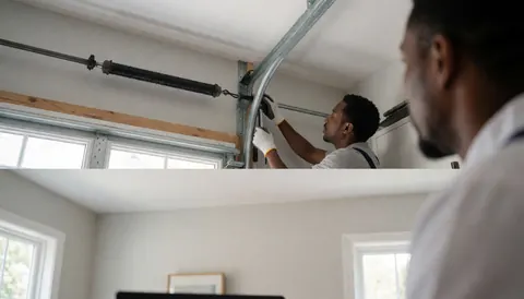 Un installateur ajuste la tension d'une porte de garage, entouré d'outils et de la structure métallique visible dans un garage aux murs gris clair.
