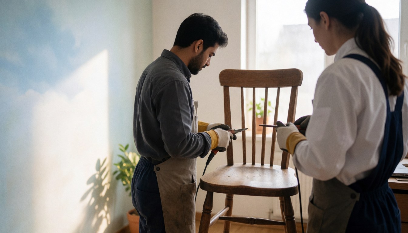 Deux professionnels portant des gants travaillent sur la restauration d'une chaise en bois dans un atelier bien éclairé par la lumière naturelle.