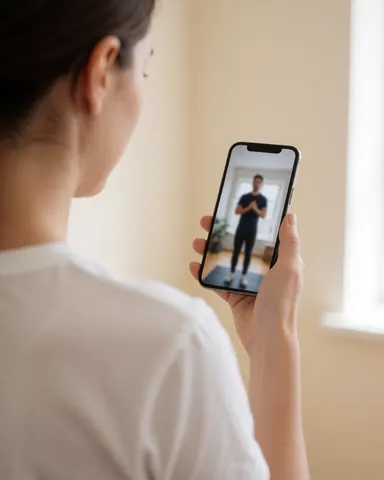 Une femme observe une vidéo d'exercice sur l'écran de son smartphone, tenue en main devant un mur beige uni sans texte ni logo visible.