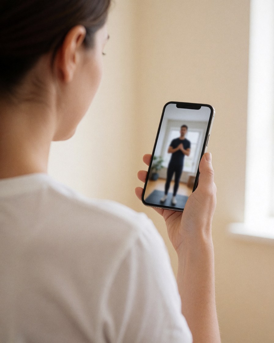 Une femme observe une vidéo d'exercice sur l'écran de son smartphone, tenue en main devant un mur beige uni sans texte ni logo visible.