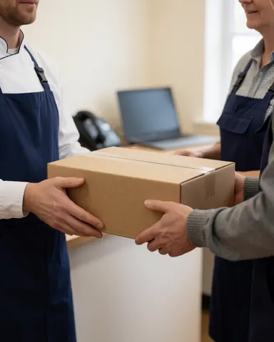 Une cliente reçoit une boîte scellée lors d'une transaction en impression graphique, avec des supports de communication en arrière-plan.