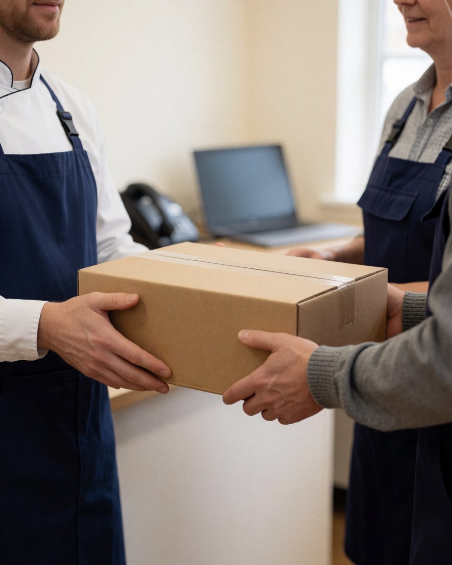 Une cliente reçoit une boîte scellée lors d'une transaction en impression graphique, avec des supports de communication en arrière-plan.
