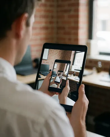 Une cliente tient une tablette dans un studio avec un mur en briques et une lumière naturelle pour vérifier une image.