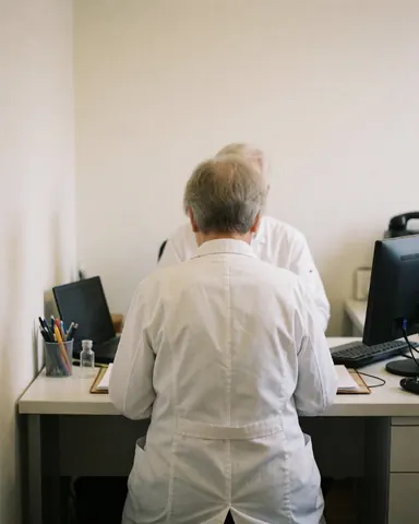 Une praticienne en blouse blanche examine un dossier patient sur un bureau équipé d'un flacon et d'un ordinateur dans un cabinet d'homéopathie.