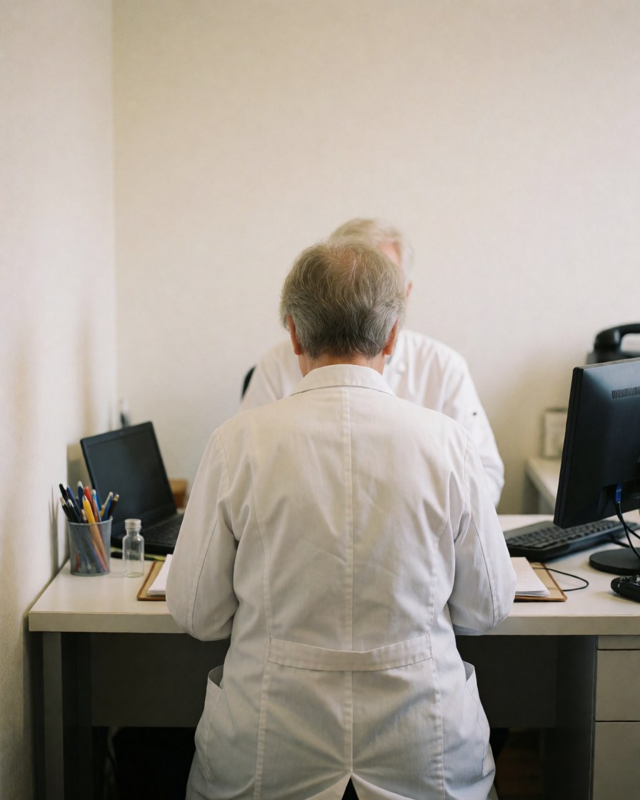 Une praticienne en blouse blanche examine un dossier patient sur un bureau équipé d'un flacon et d'un ordinateur dans un cabinet d'homéopathie.