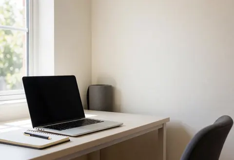 Un bureau blanc avec un ordinateur portable ouvert, un cahier et un stylo, baigné de lumière naturelle provenant d'une fenêtre, idéal pour un instructeur de yoga en ligne.