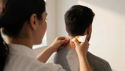 Un thérapeute applique de la crème sur le cou d'un client dans un espace lumineux aux murs blancs, illustrant un service de massage cervical en clinique.