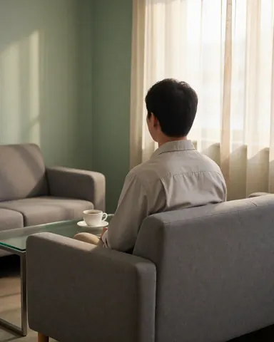 Un client attend dans un espace moderne aux murs verts, sur une chaise grise près d'une table en verre avec du café, éclairé par la lumière naturelle.