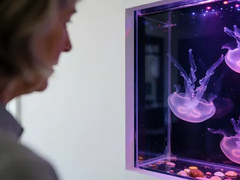 Un visiteur observe attentivement des méduses bioluminescentes dans un bassin éclairé de lumières violettes au sein d'un aquarium moderne.
