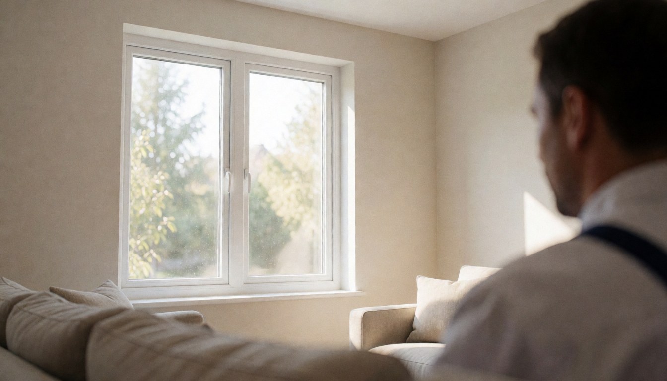 Un installateur de fenêtres travaille dans un salon avec une fenêtre double vitrage fraîchement posée, éclairage naturel et murs beige.