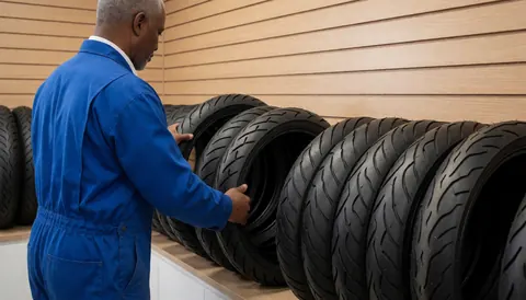 Mécanicien portant un masque bleu examine les pneus d'une moto dans un atelier avec un mur en bois et un produit visible.