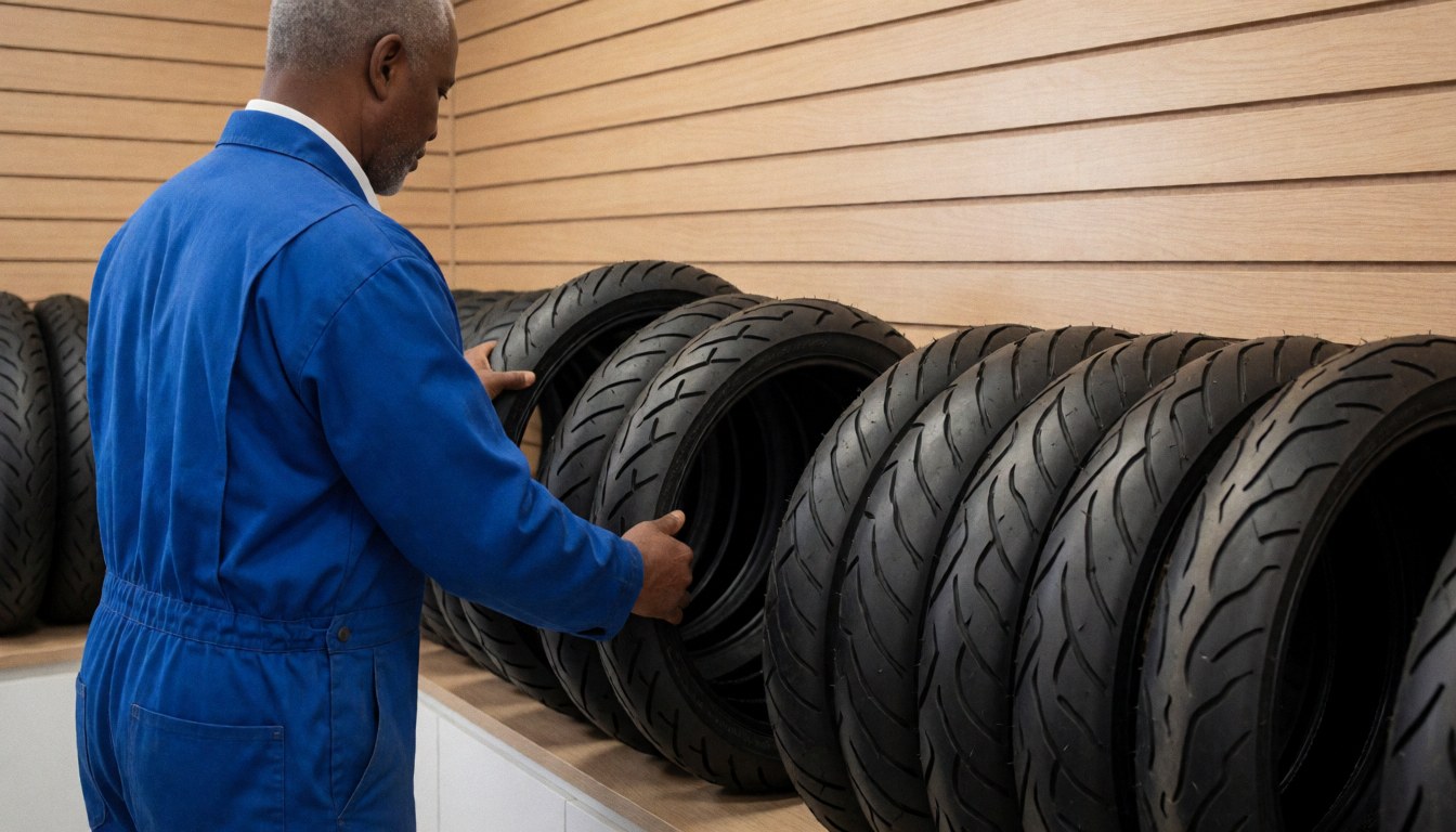 Mécanicien portant un masque bleu examine les pneus d'une moto dans un atelier avec un mur en bois et un produit visible.
