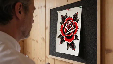 Un homme de profil regarde un dessin de rose tatouée sur un tableau en liège fixé sur un mur en bois, idéal pour un studio de tatouage.