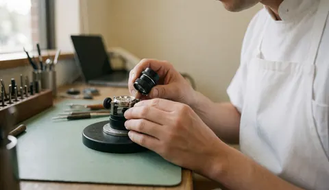 Un horloger en tablier blanc examine attentivement un mécanisme de montre au moyen d'une loupe dans un atelier bien éclairé avec des outils en arrière-plan
