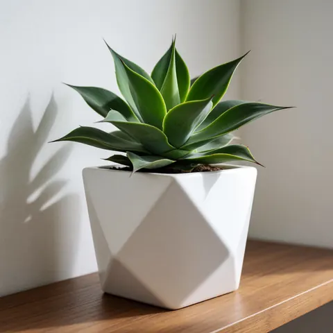 Agave vert dans un pot blanc géométrique posé sur une étagère en bois devant un mur blanc et une fenêtre.