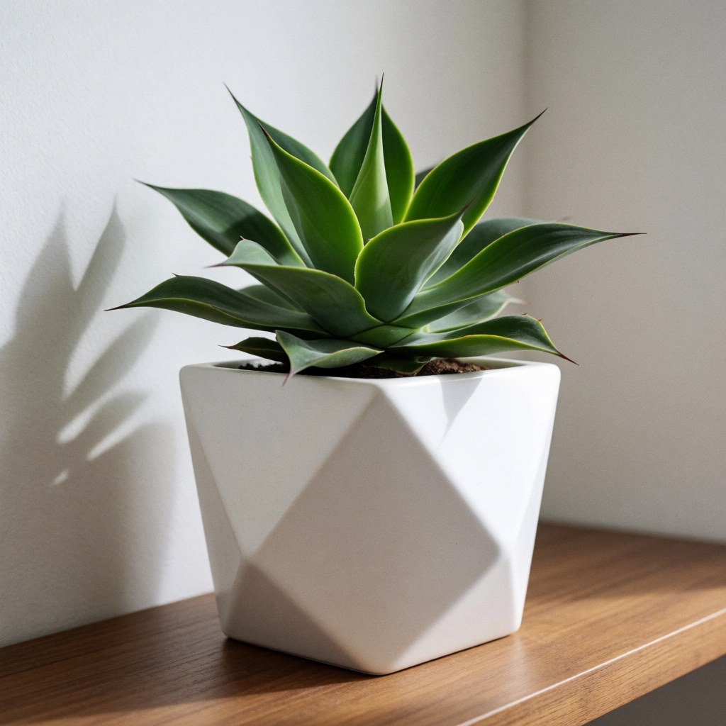 Agave vert dans un pot blanc géométrique posé sur une étagère en bois devant un mur blanc et une fenêtre.