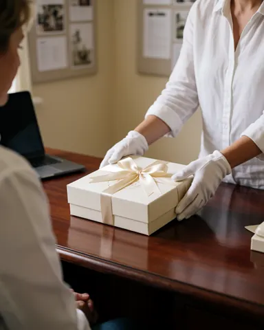 Un planificateur de mariage remet une boîte cadeau à un client dans un bureau élégant.