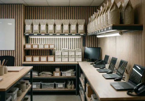 Étagères remplies d'argile et d'émaux dans un atelier de céramique, avec des murs en bois et un éclairage LED, créant un environnement professionnel et ordonné.