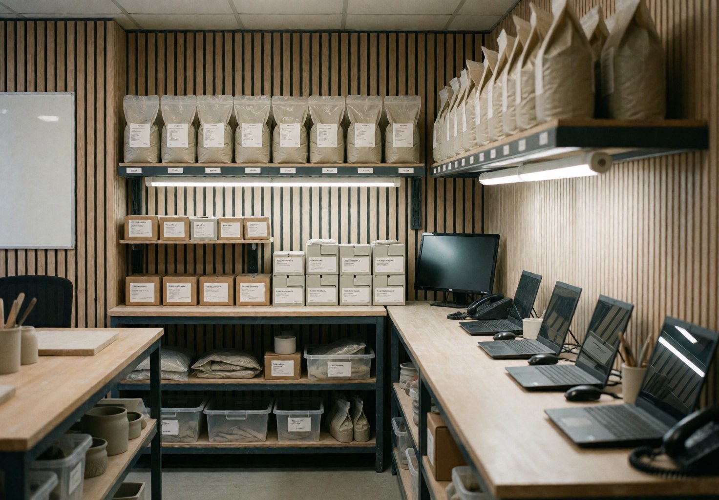 Étagères remplies d'argile et d'émaux dans un atelier de céramique, avec des murs en bois et un éclairage LED, créant un environnement professionnel et ordonné.